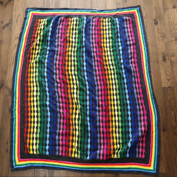 Hand Knit Rainbow Striped Throe Blanket - Picture 4 of 7